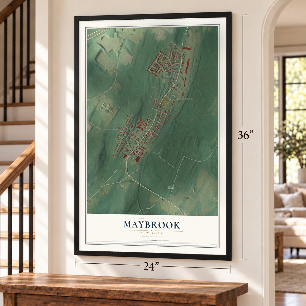 Maybrook, New York map, 24 x 36 inch print in a black frame by a staircase
