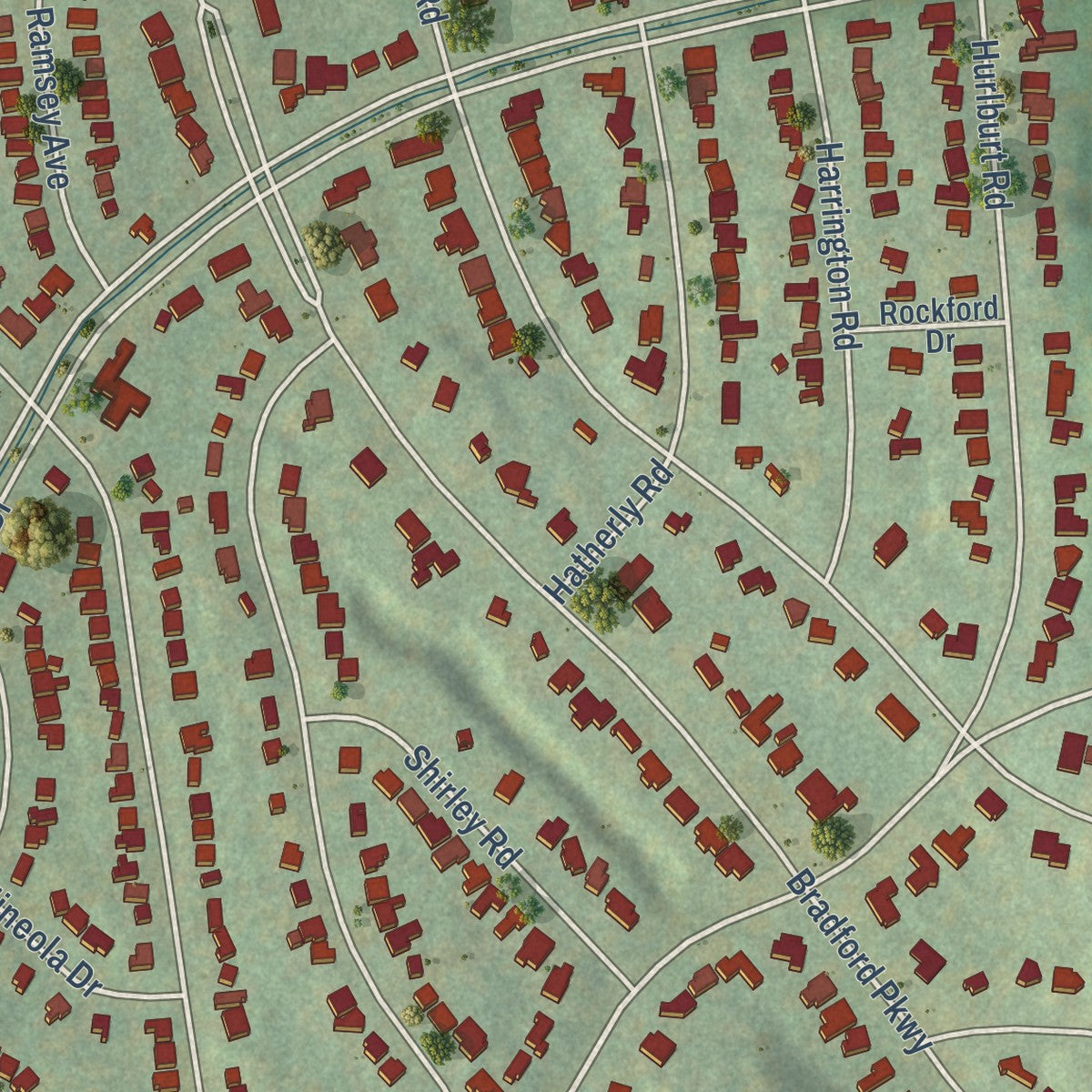 Close-up of the map of Meadowbrook, New York print showing street and building detail