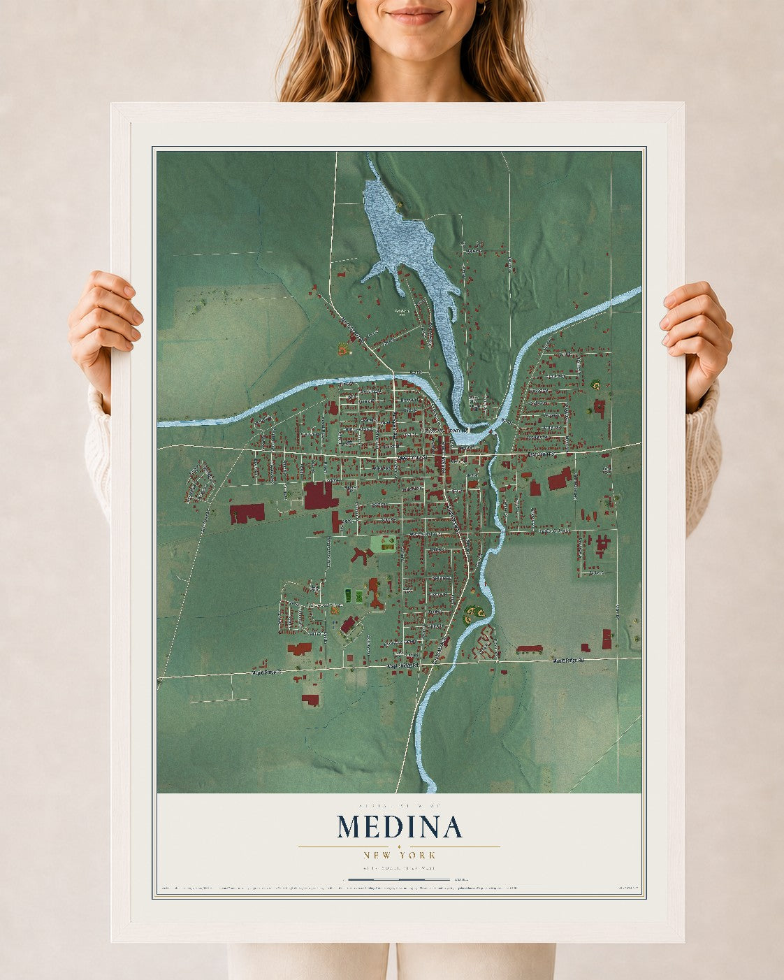 Medina, New York map print, 24" x 36" W/ White Ayous Wood Frame mockup