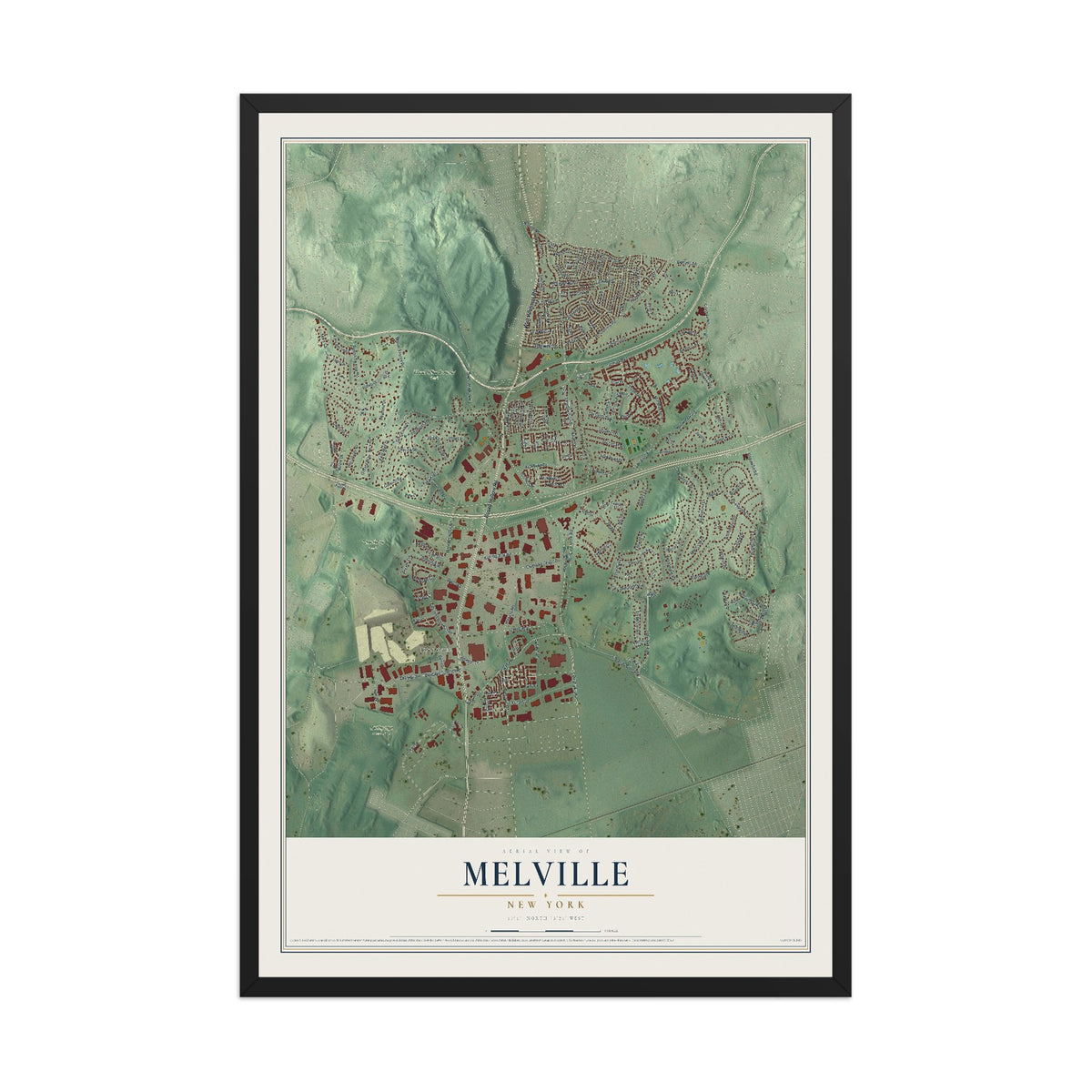 Melville, New York map print, 12" x 18" W/ Black Ayous Wood Frame mockup