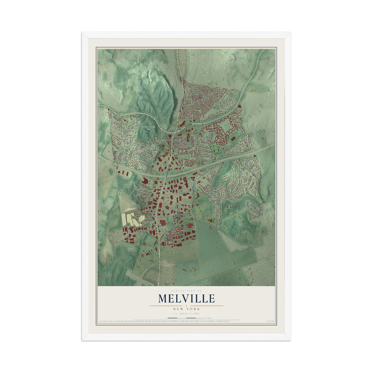 Melville, New York map print, 12" x 18" W/ White Ayous Wood Frame mockup