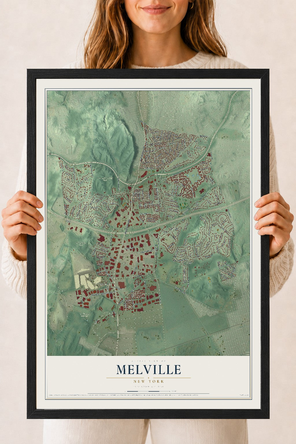 Melville, New York map print, 18" x 24" W/ Black Ayous Wood Frame mockup