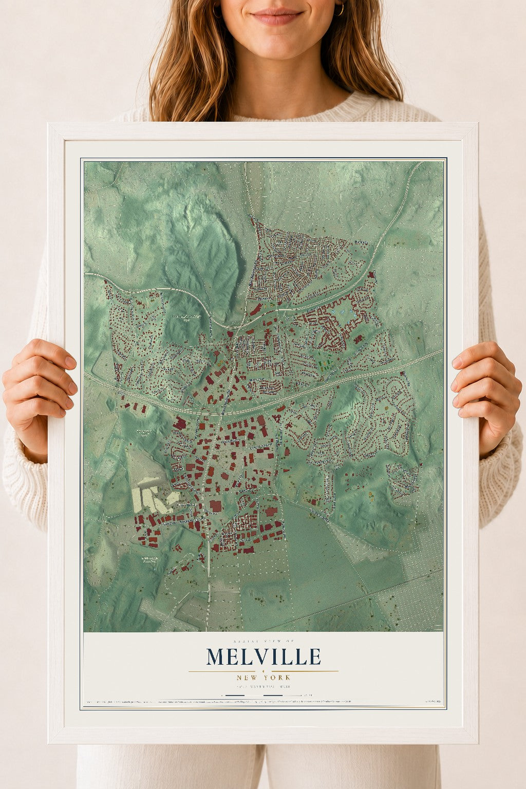 Melville, New York map print, 18" x 24" W/ White Ayous Wood Frame mockup