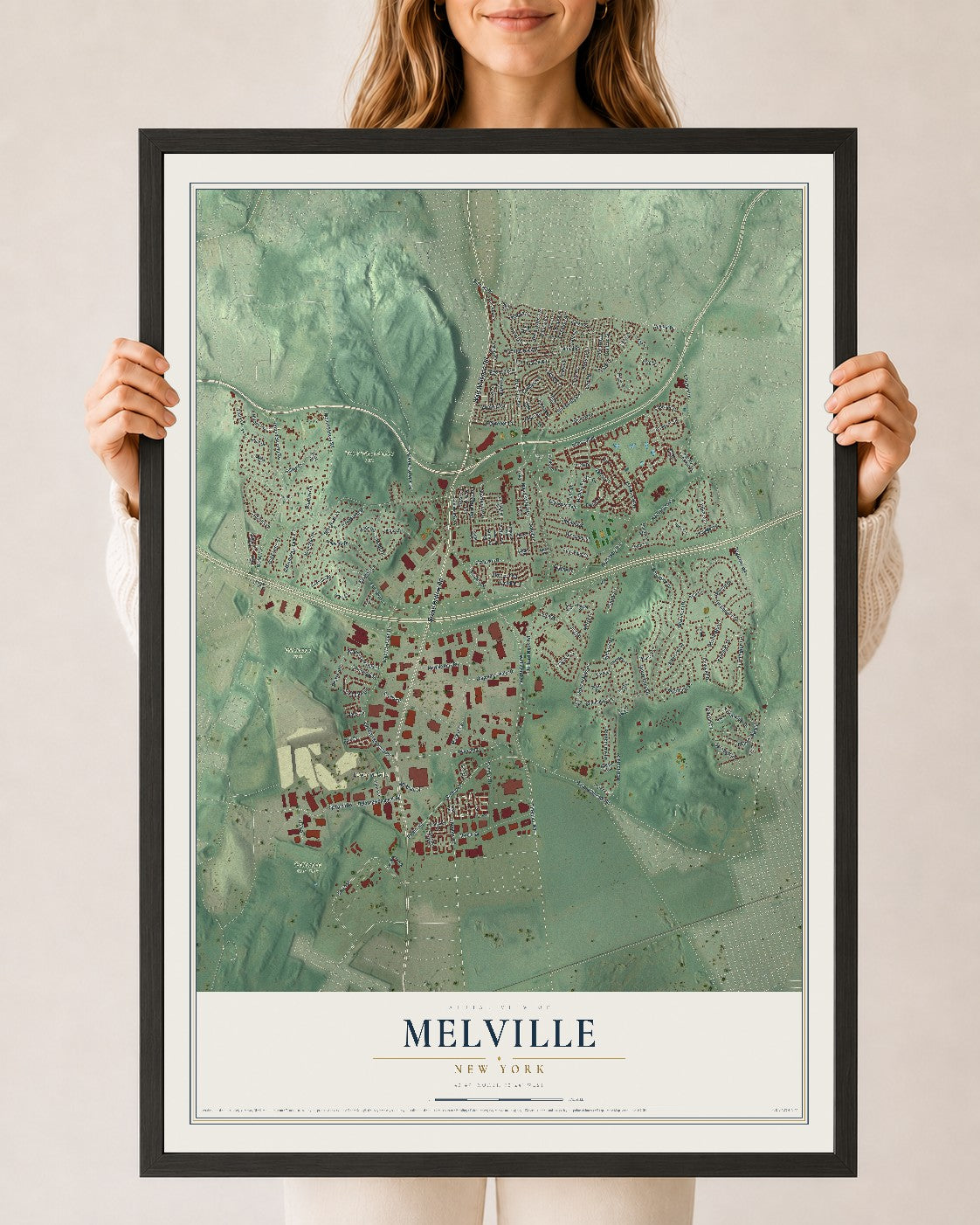 Melville, New York map print, 24" x 36" W/ Black Ayous Wood Frame mockup