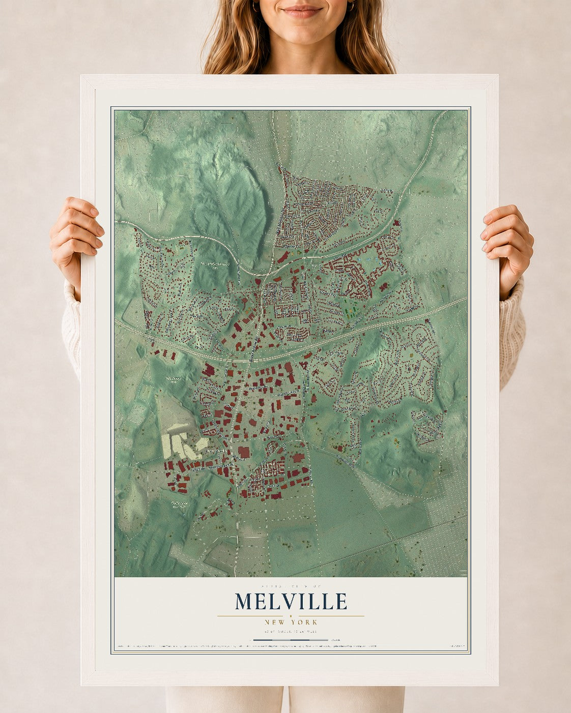 Melville, New York map print, 24" x 36" W/ White Ayous Wood Frame mockup