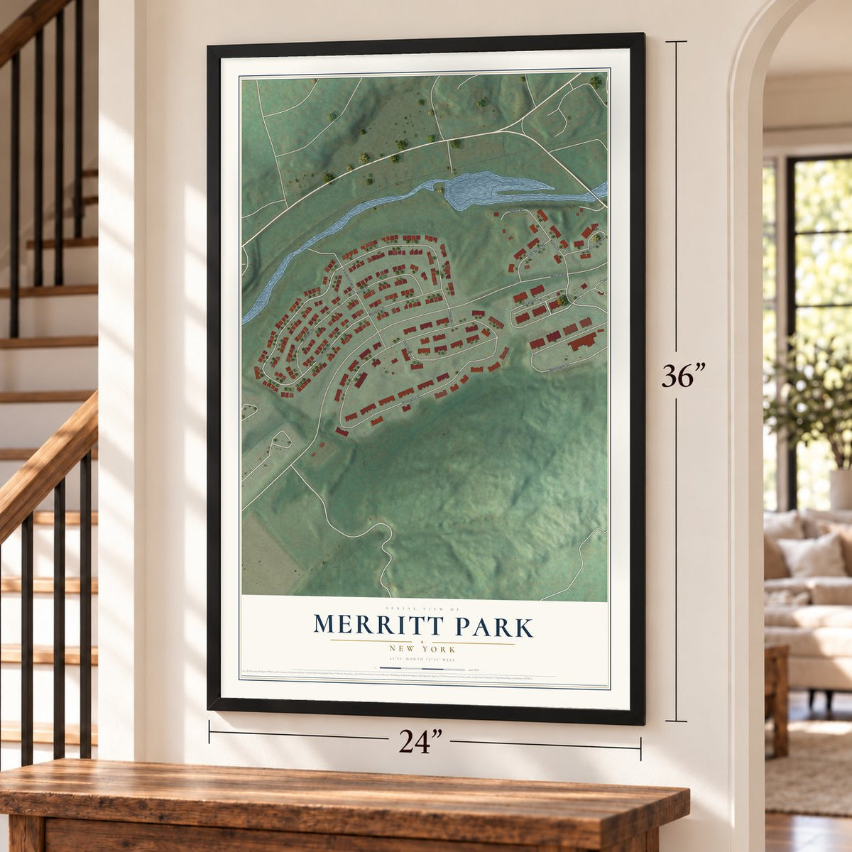 Merritt Park, New York map, 24 x 36 inch print in a black frame by a staircase