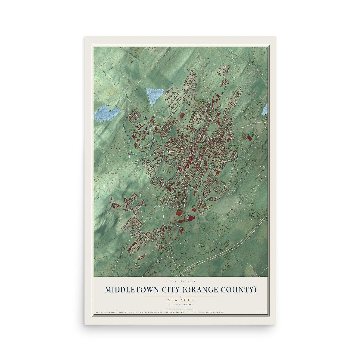 Map of Middletown, Orange County, New York, 12 x 18 inch unframed archival matte print