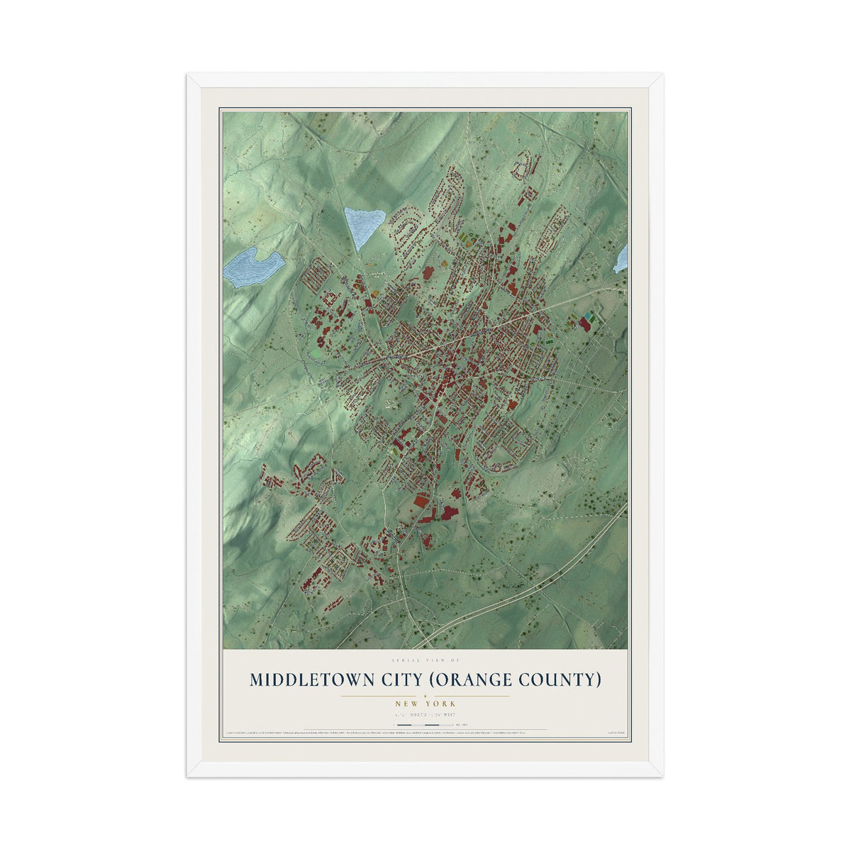 Map of Middletown, Orange County, New York, 12 x 18 inch print in a white wood frame