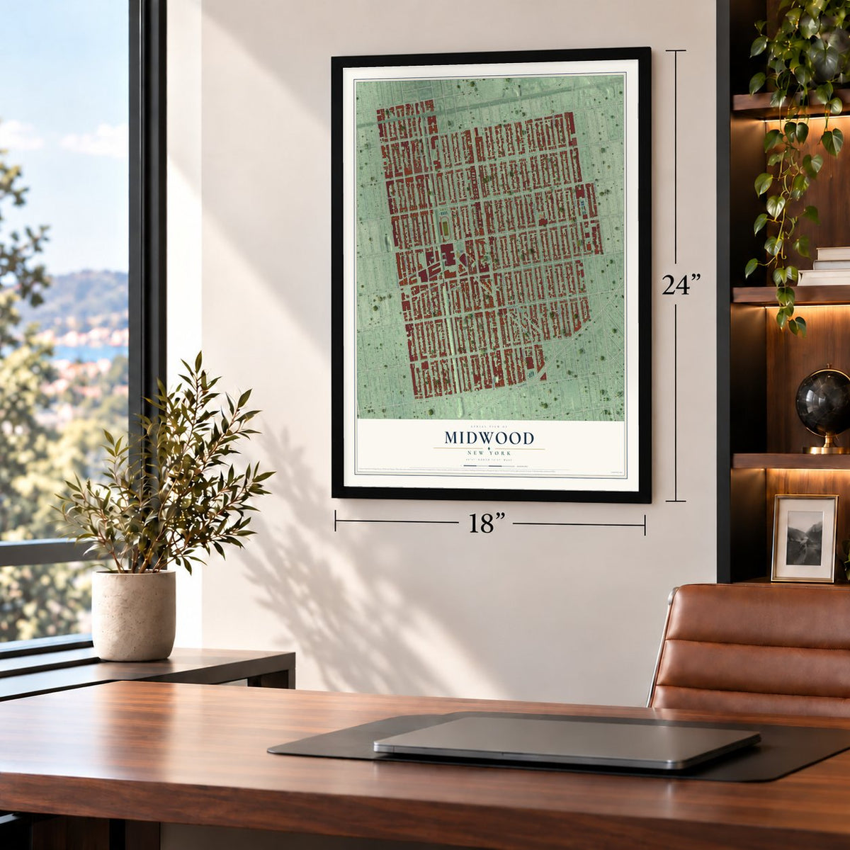 Midwood, New York map, 18 x 24 inch print in a black frame in a home office