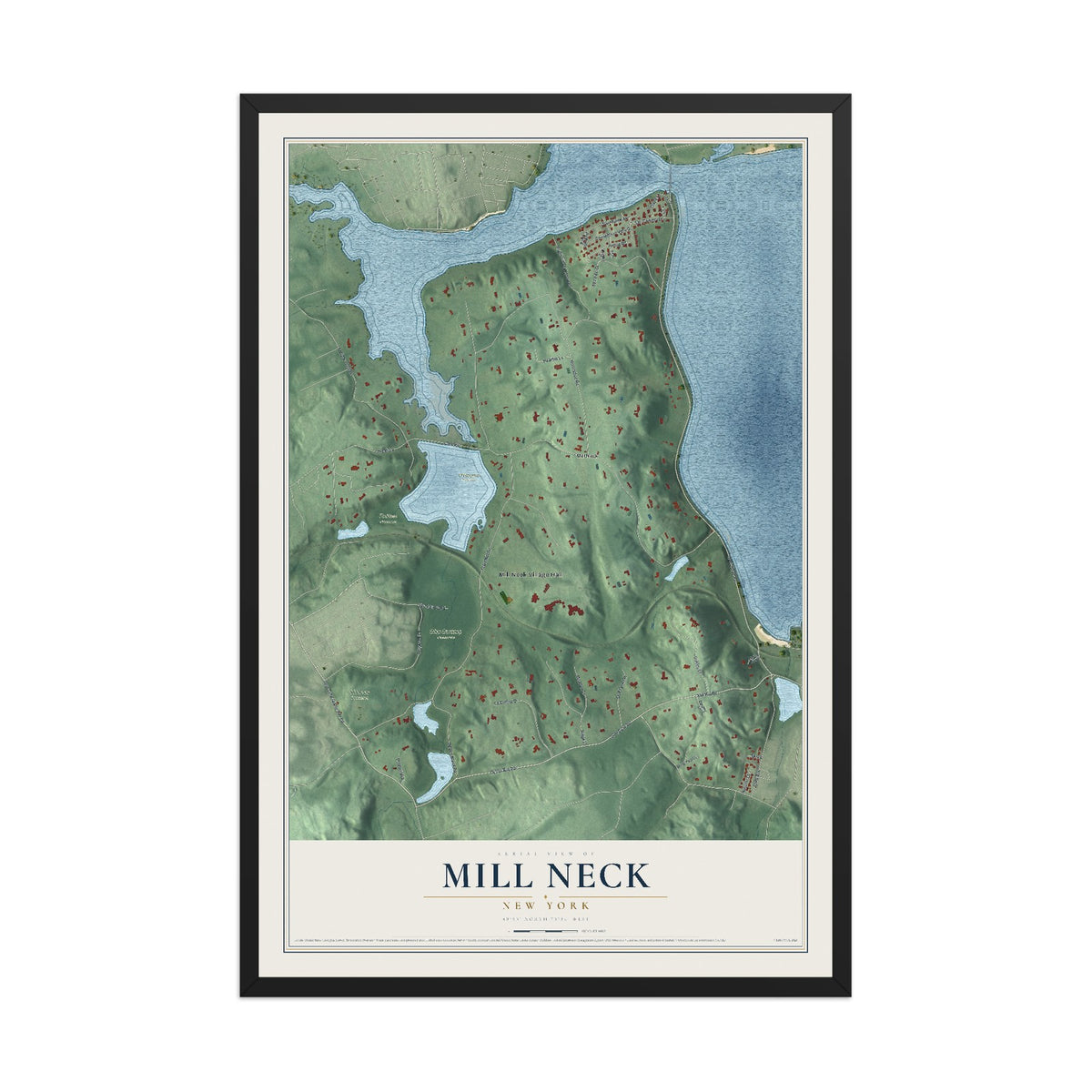 Mill Neck, New York map print, 12" x 18" W/ Black Ayous Wood Frame mockup