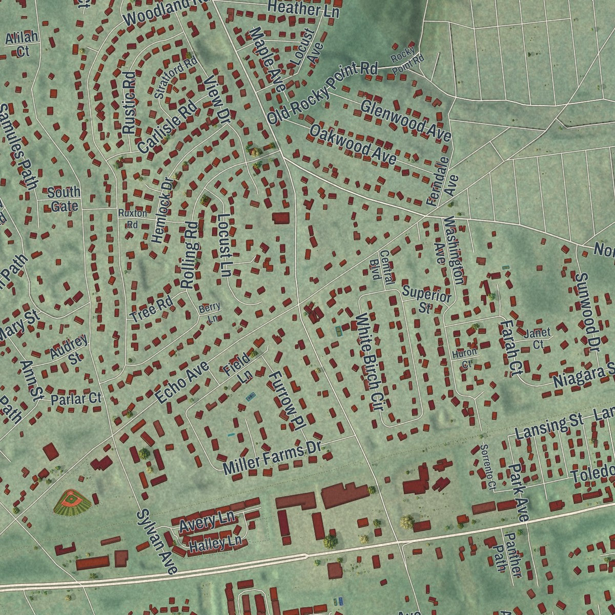 Close-up of the map of Miller Place, New York print showing street and building detail
