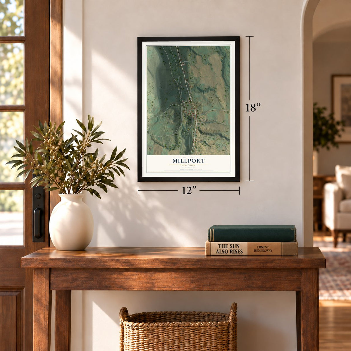Millport, New York map, 12 x 18 inch print in a black frame in an entryway