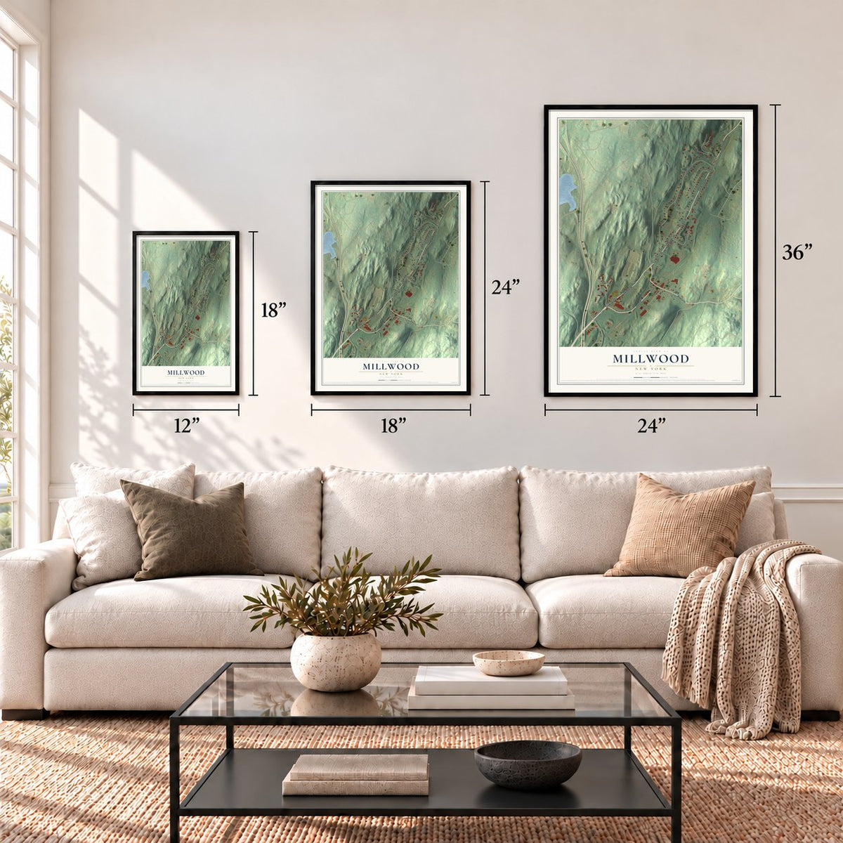 Millwood, New York map in 12 x 18, 18 x 24 and 24 x 36 inch sizes above a sofa