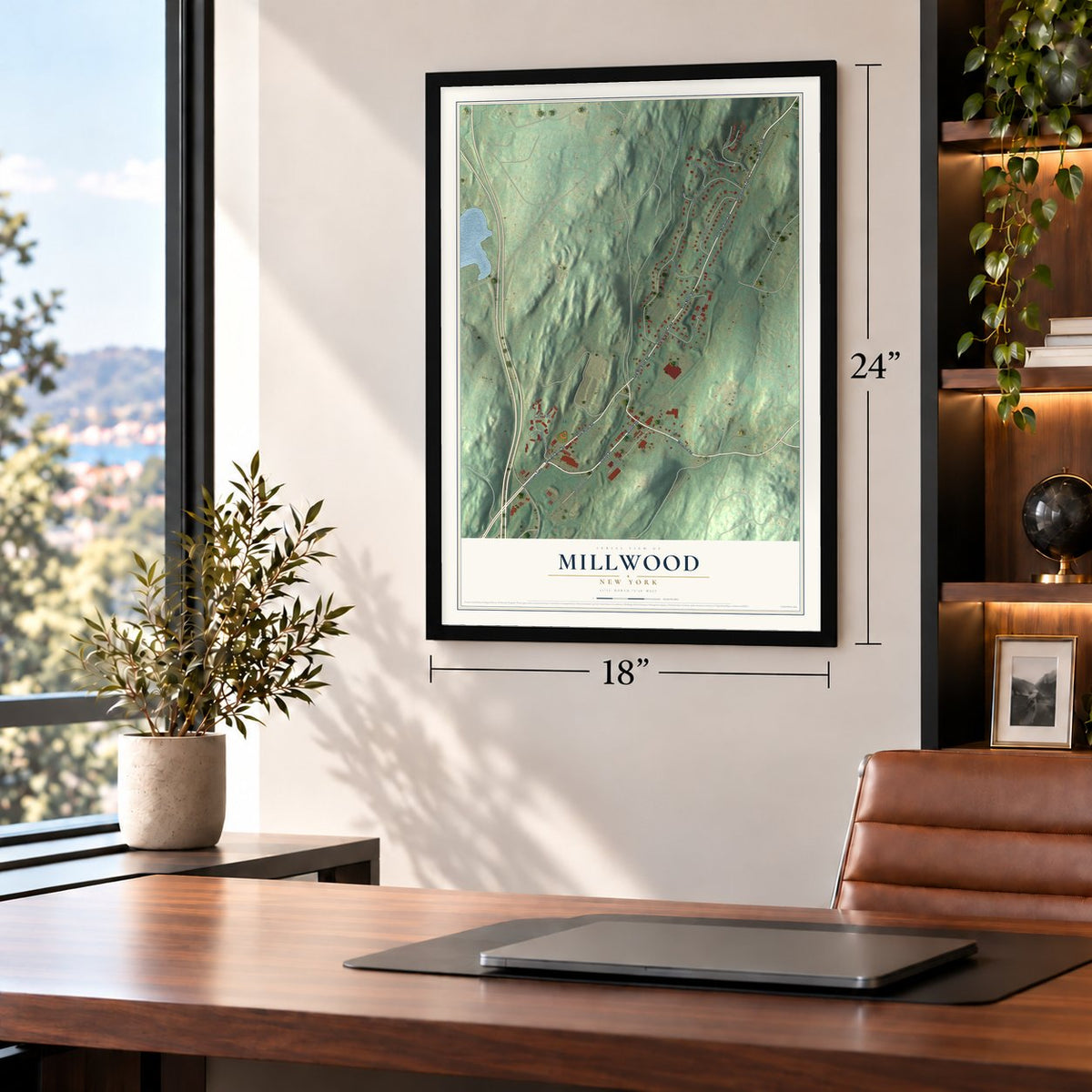 Millwood, New York map, 18 x 24 inch print in a black frame in a home office