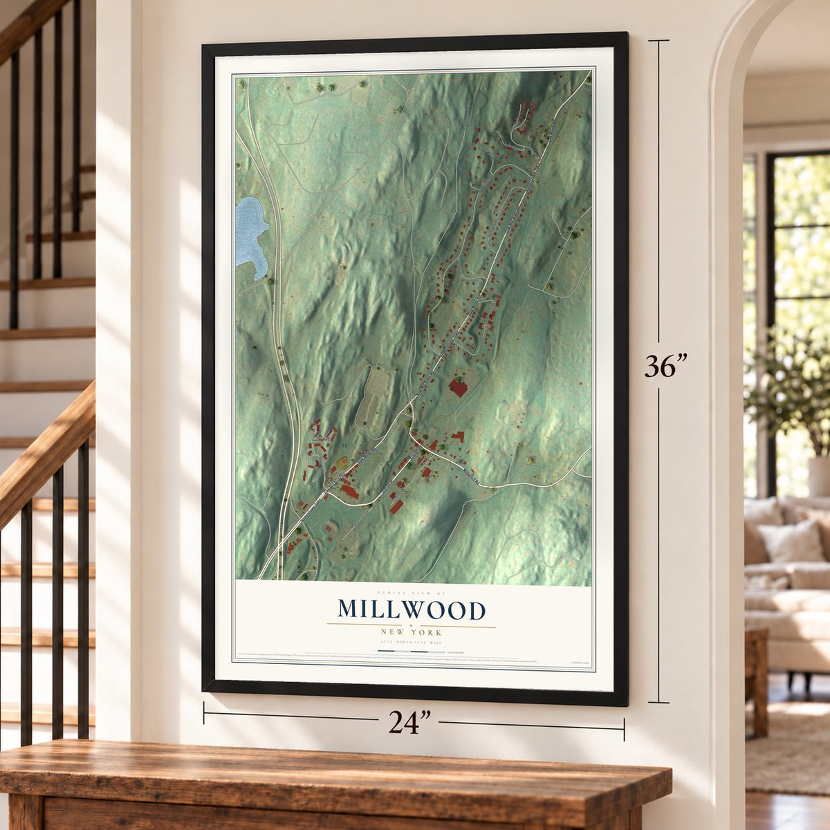 Millwood, New York map, 24 x 36 inch print in a black frame by a staircase