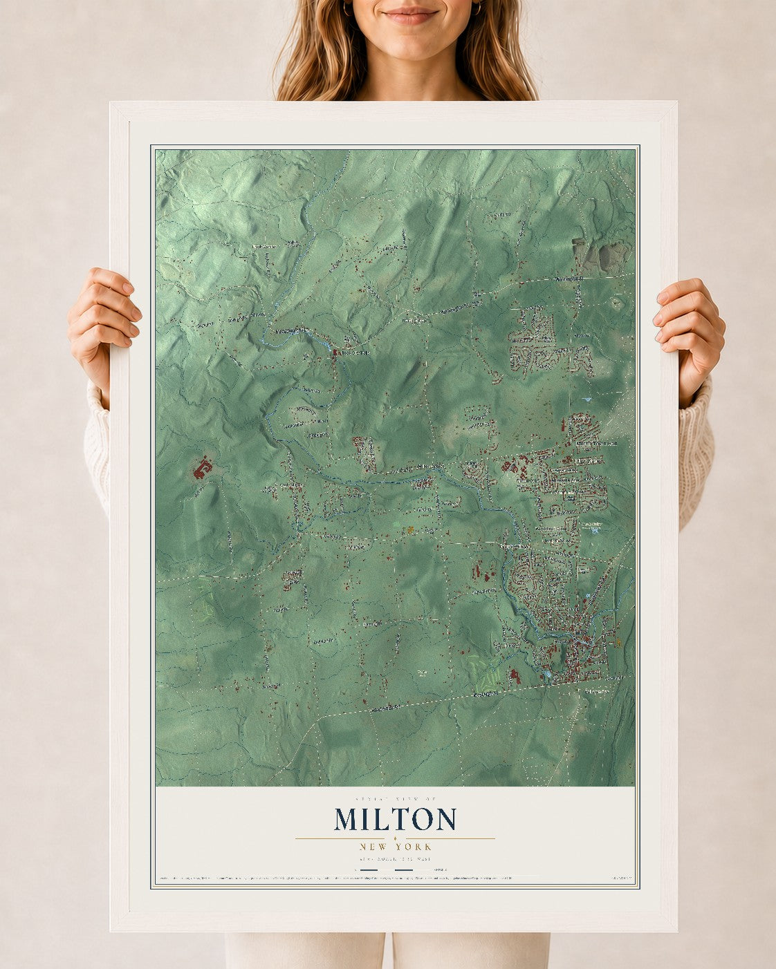 Milton, New York map print, 24" x 36" W/ White Ayous Wood Frame mockup