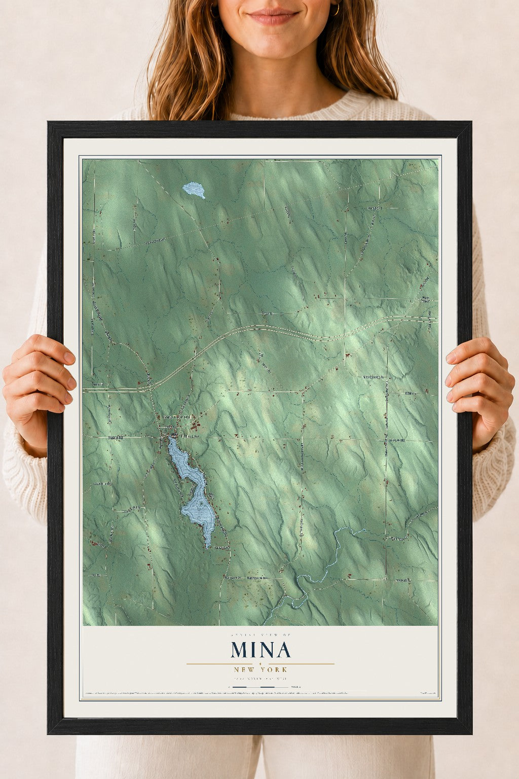 Mina, New York map print, 18" x 24" W/ Black Ayous Wood Frame mockup