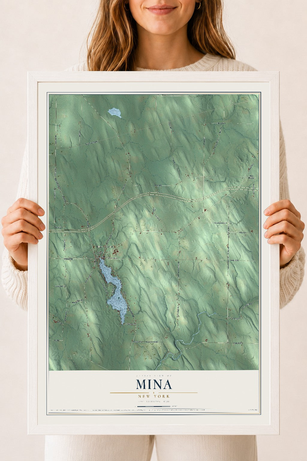Mina, New York map print, 18" x 24" W/ White Ayous Wood Frame mockup