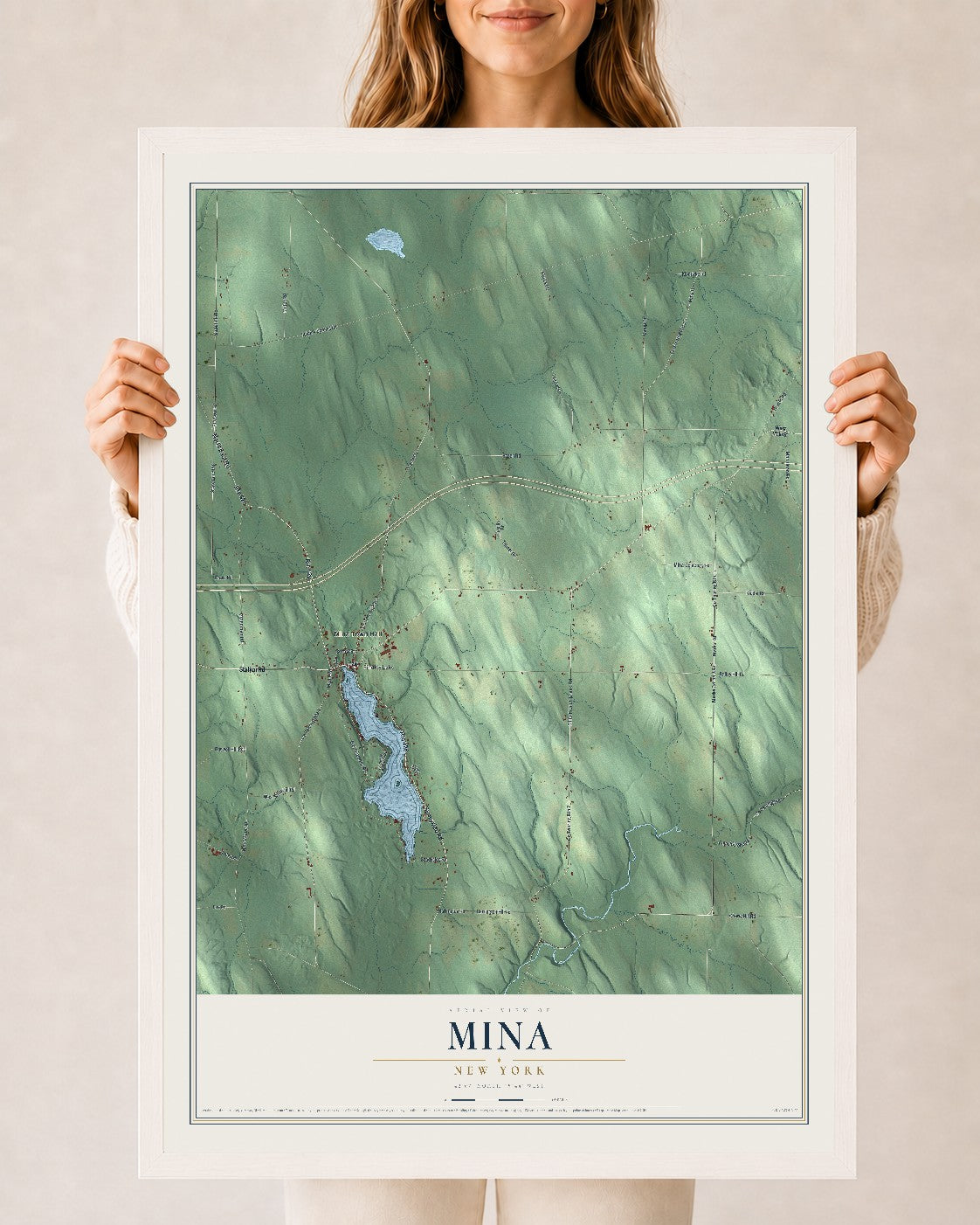 Mina, New York map print, 24" x 36" W/ White Ayous Wood Frame mockup