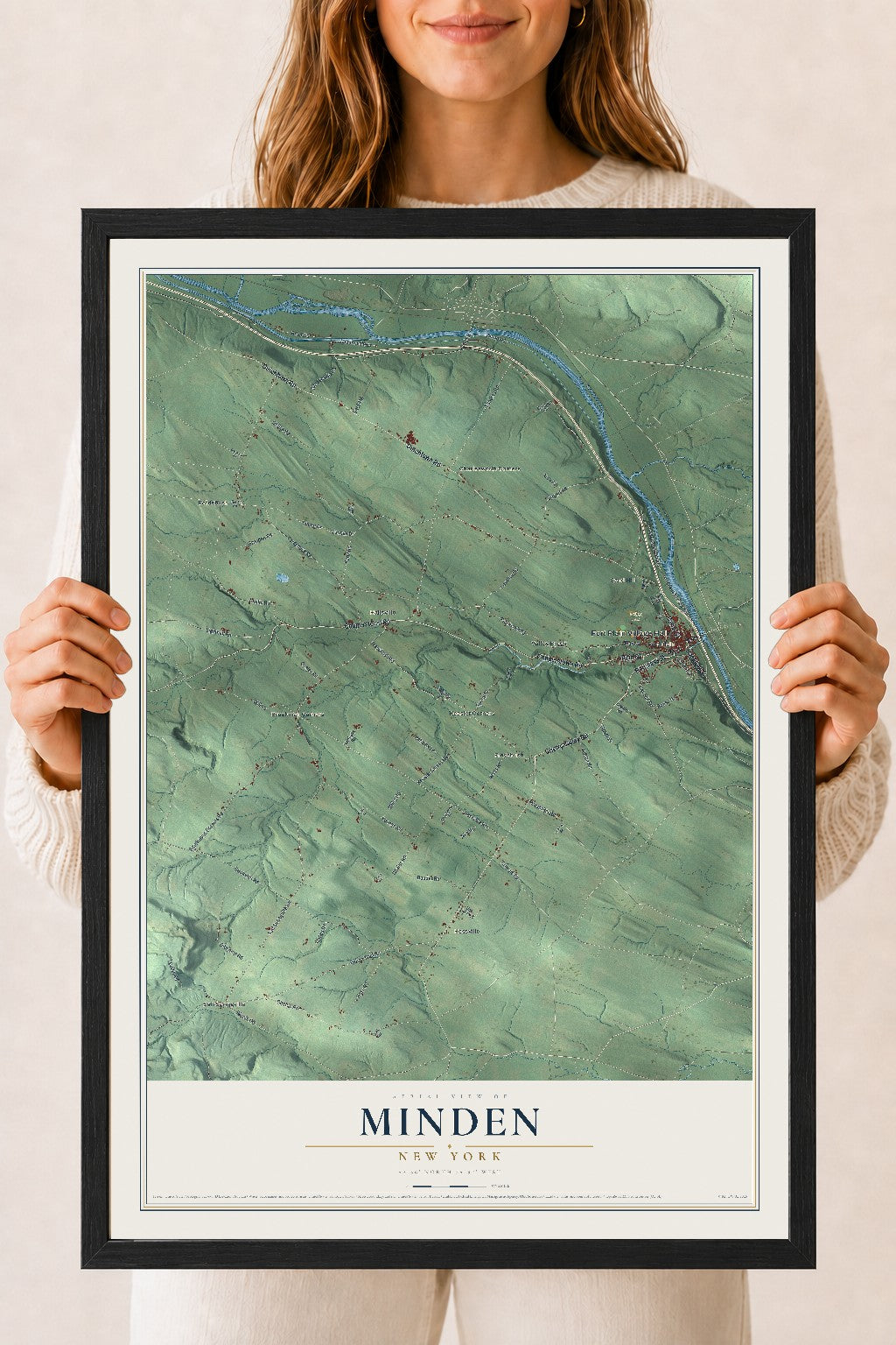 Minden, New York map print, 18" x 24" W/ Black Ayous Wood Frame mockup