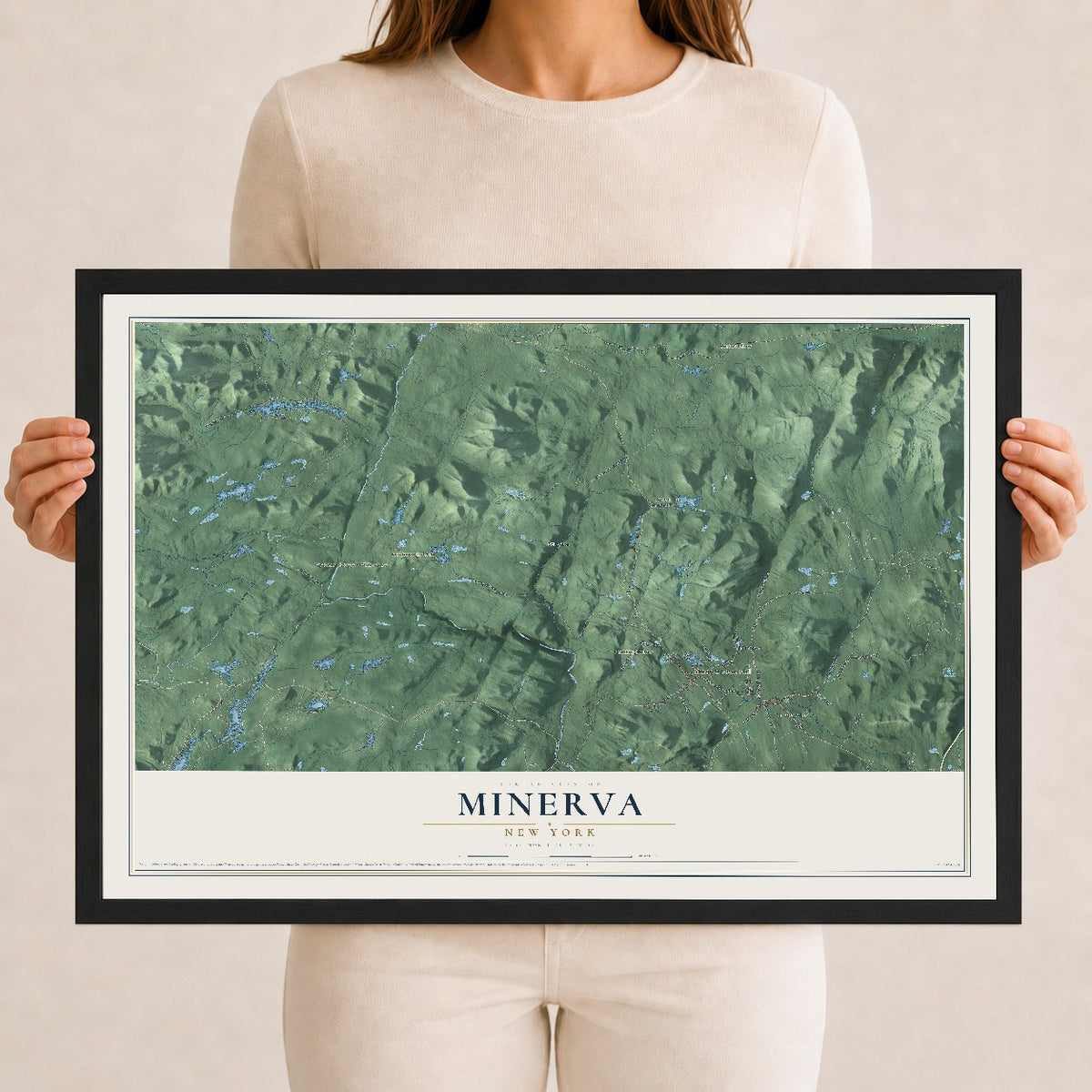 Minerva, New York map print, 12" x 18" W/ Black Ayous Wood Frame mockup