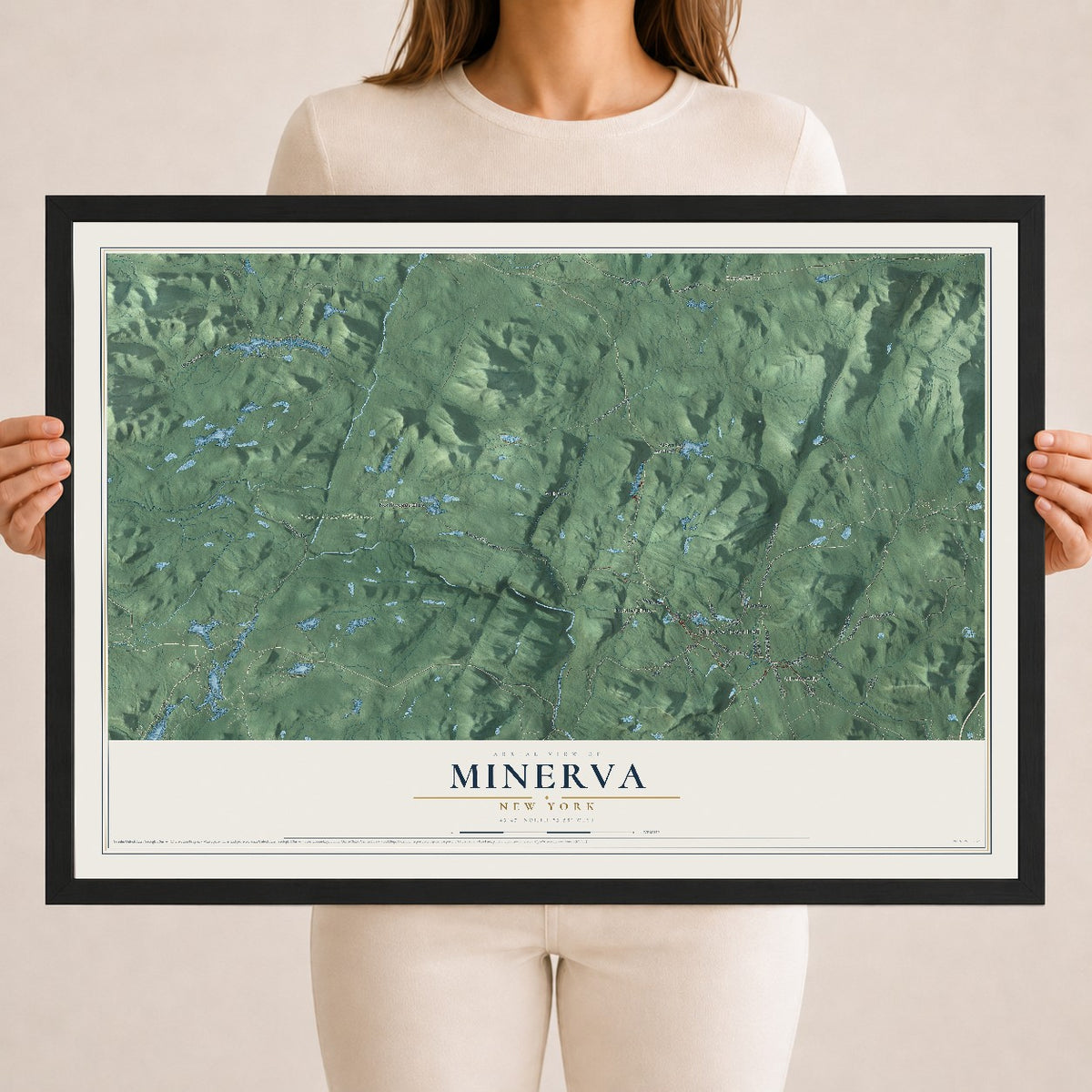 Minerva, New York map print, 18" x 24" W/ Black Ayous Wood Frame mockup