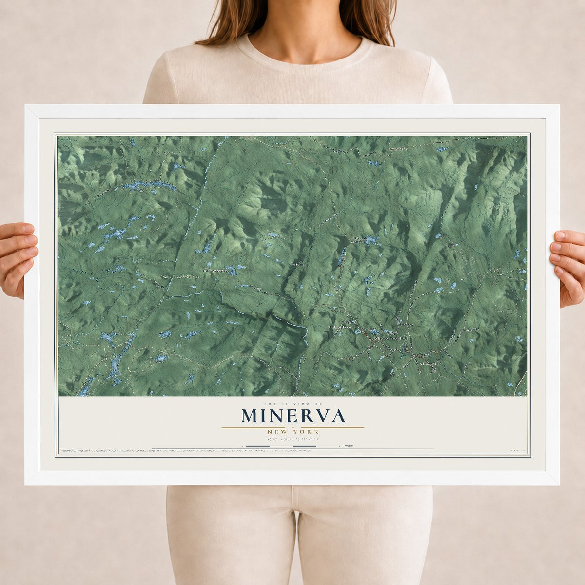 Minerva, New York map print, 18" x 24" W/ White Ayous Wood Frame mockup