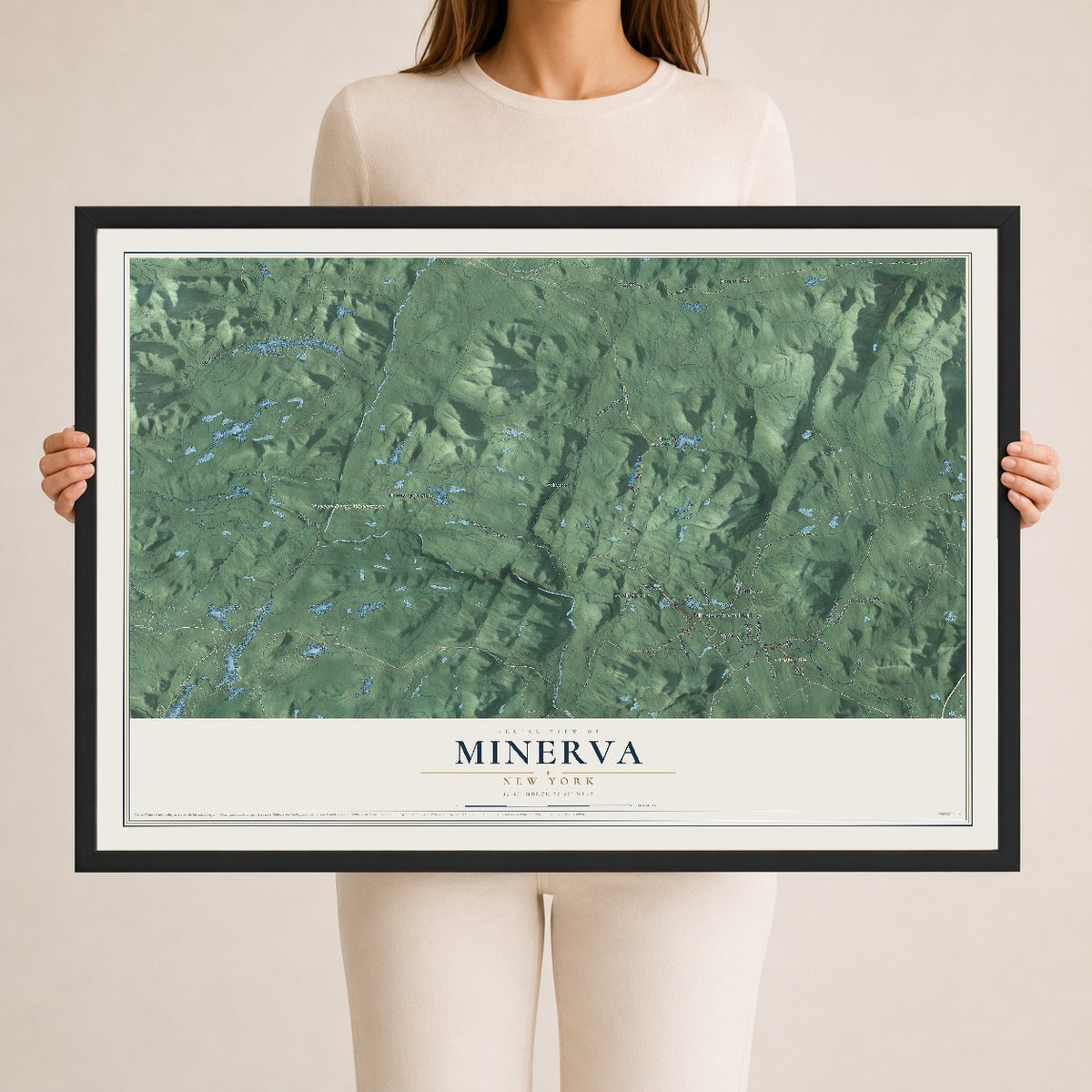 Minerva, New York map print, 24" x 36" W/ Black Ayous Wood Frame mockup
