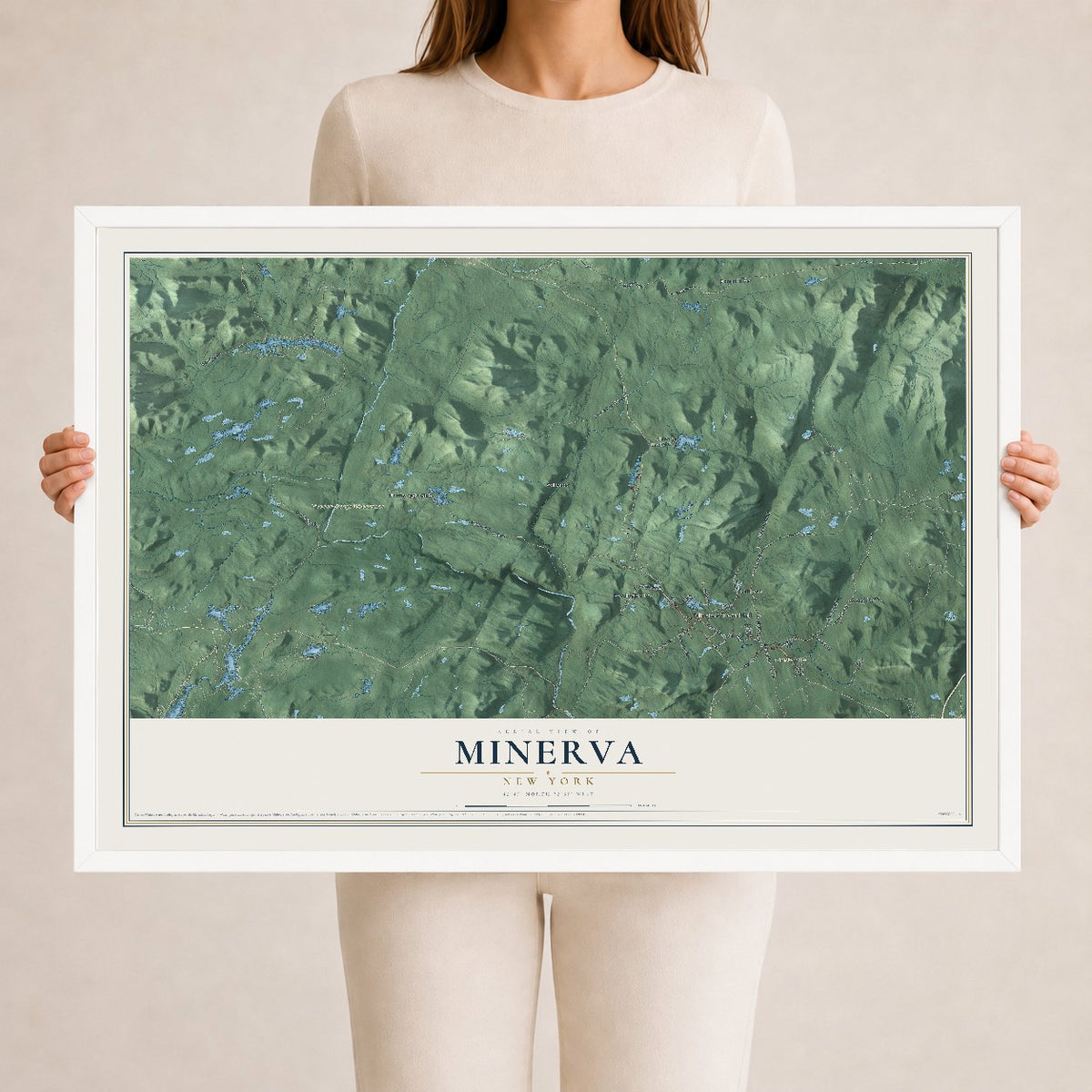 Minerva, New York map print, 24" x 36" W/ White Ayous Wood Frame mockup