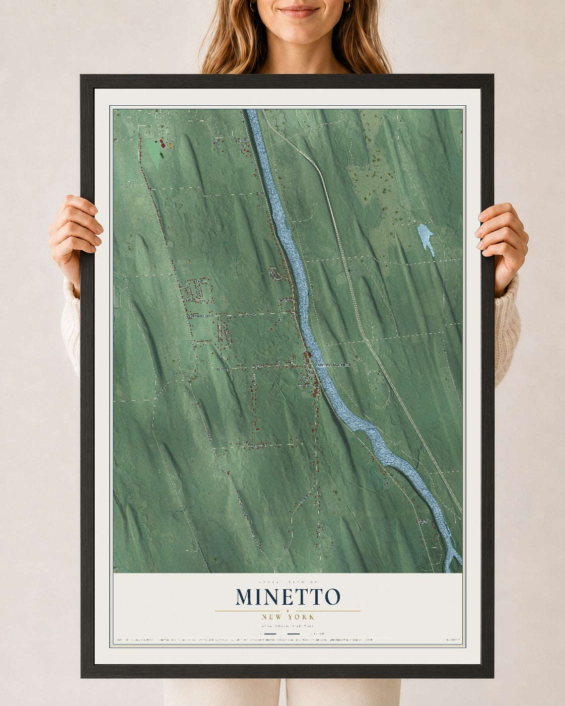 Minetto, New York map print, 24" x 36" W/ Black Ayous Wood Frame mockup