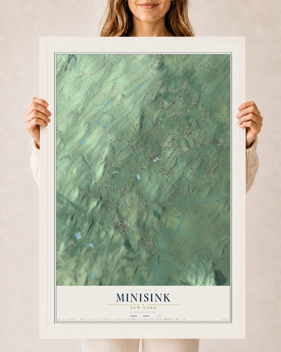 Map of Minisink, New York, 24 x 36 inch print in a white wood frame