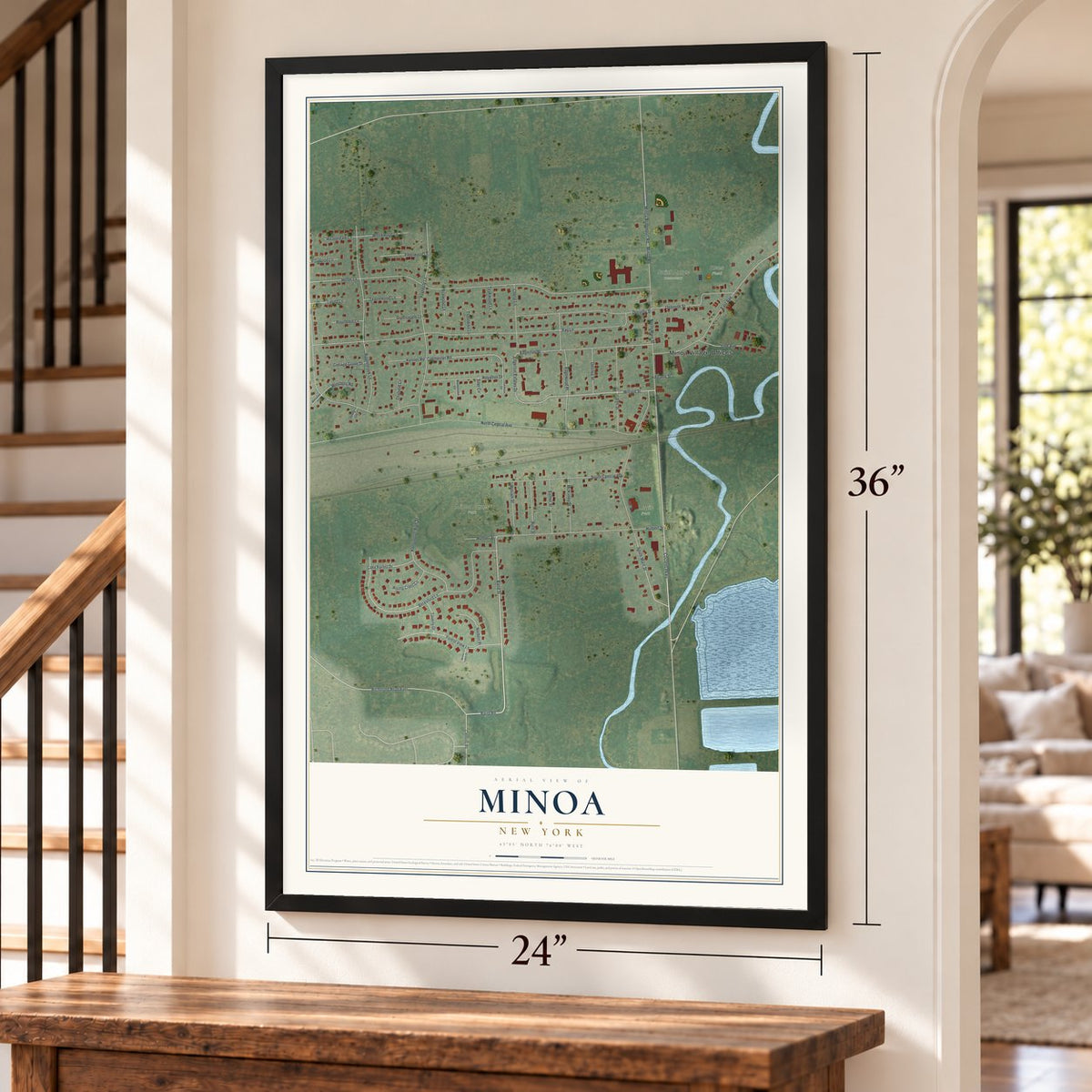 Minoa, New York map, 24 x 36 inch print in a black frame by a staircase