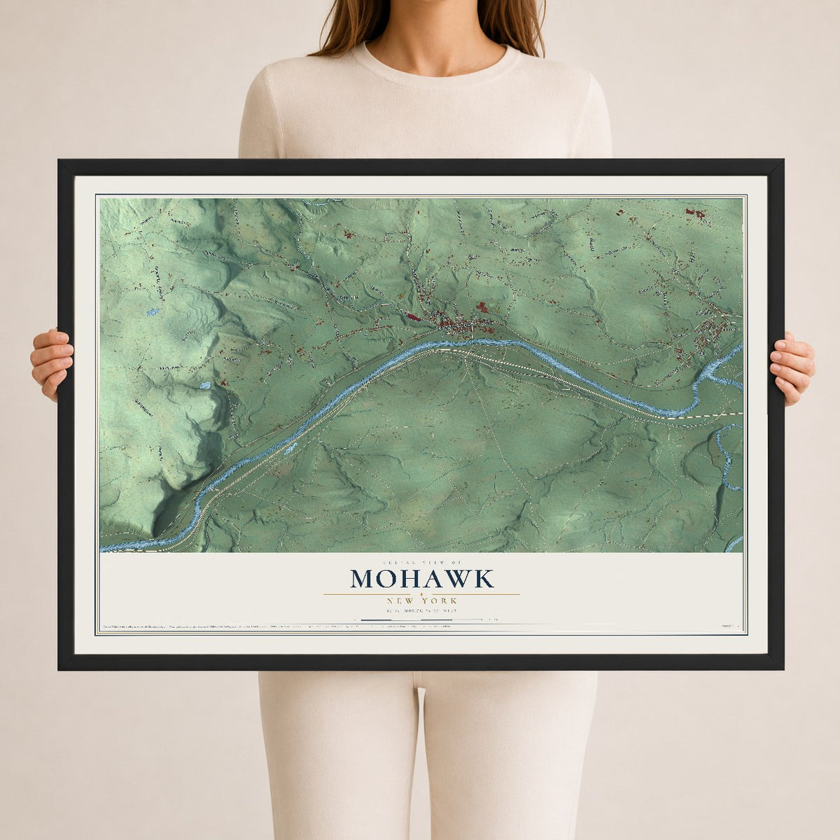 Mohawk, New York map print, 24" x 36" W/ Black Ayous Wood Frame mockup