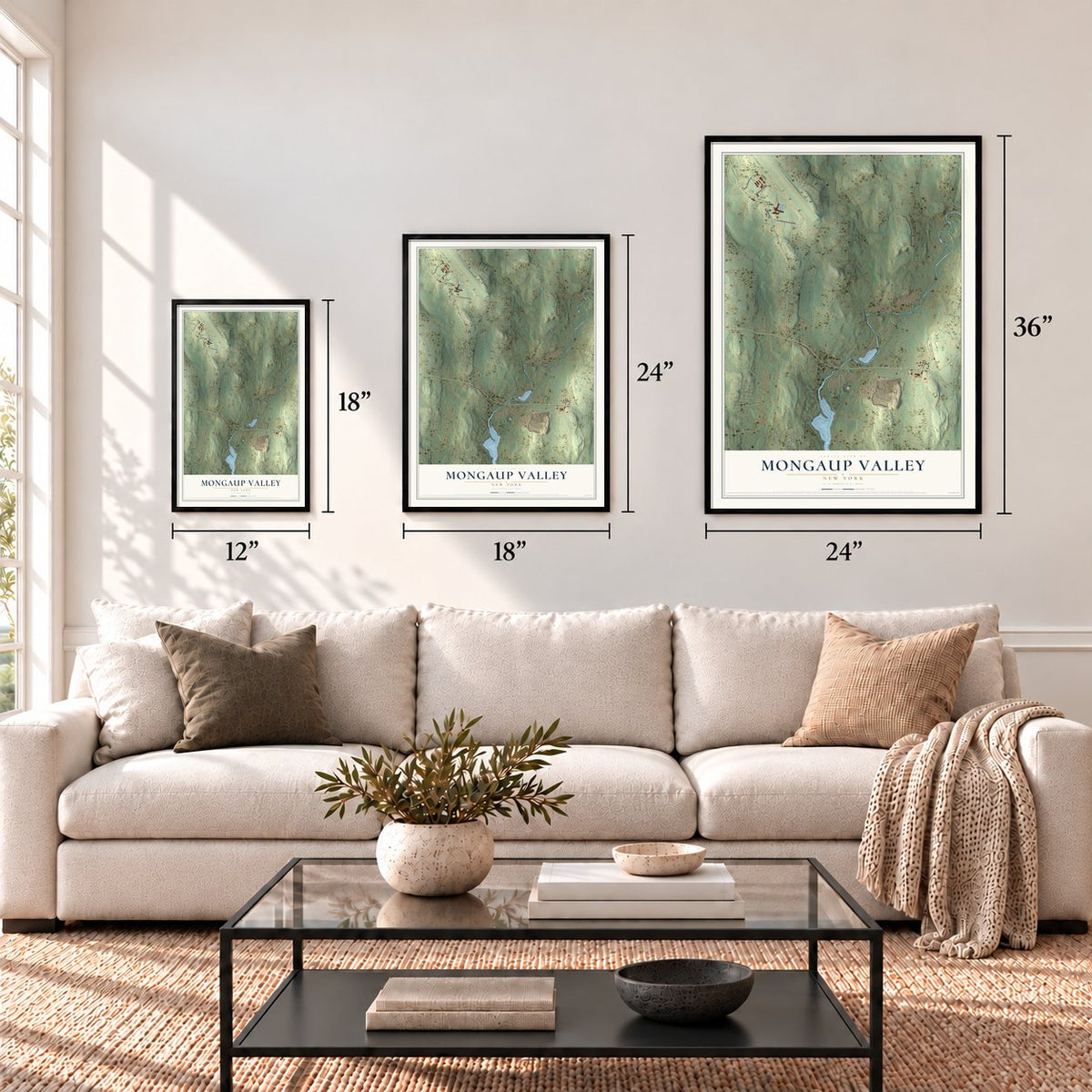Mongaup Valley, New York map in 12 x 18, 18 x 24 and 24 x 36 inch sizes above a sofa