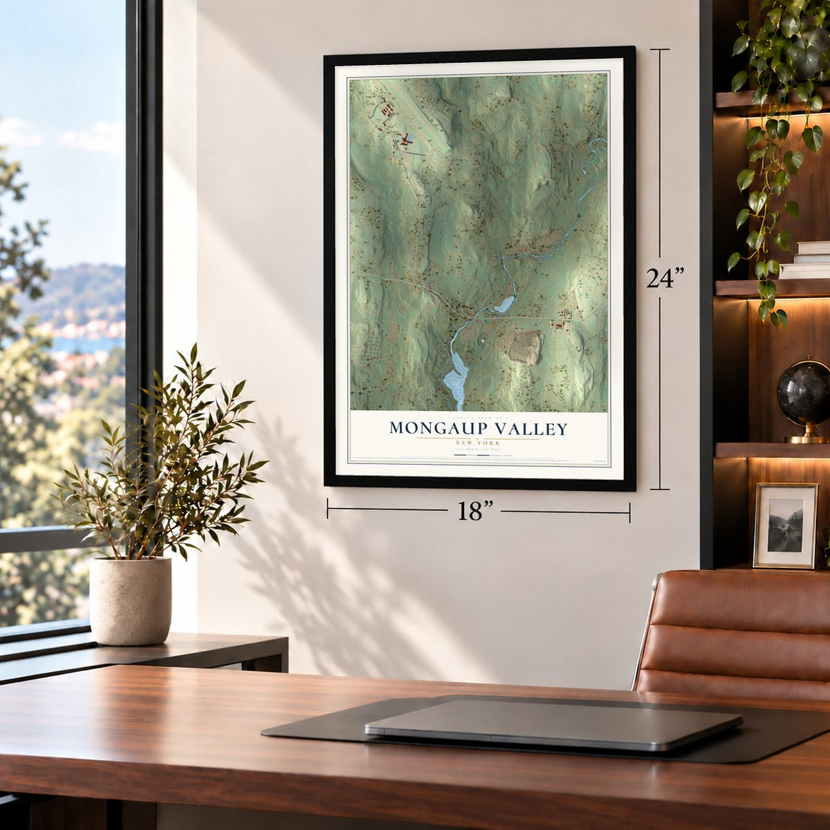 Mongaup Valley, New York map, 18 x 24 inch print in a black frame in a home office