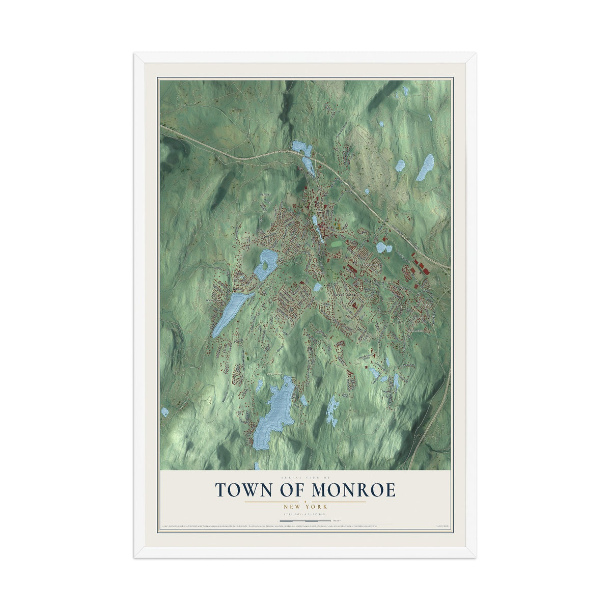 Monroe, New York map print, 12" x 18" W/ White Ayous Wood Frame mockup