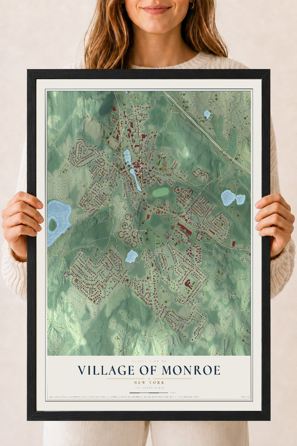 Monroe, New York map print, 18" x 24" W/ Black Ayous Wood Frame mockup