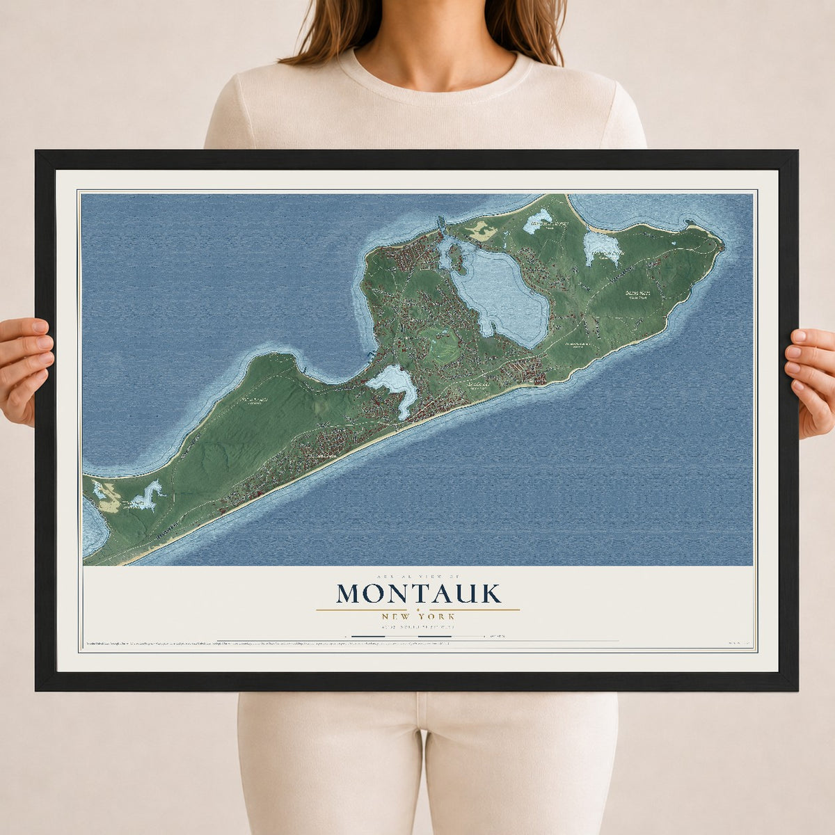 Montauk, New York map print, 18" x 24" W/ Black Ayous Wood Frame mockup