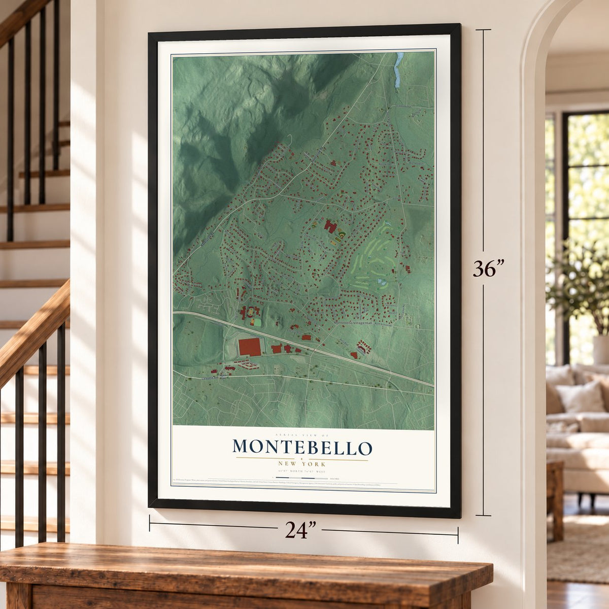 Montebello, New York map, 24 x 36 inch print in a black frame by a staircase