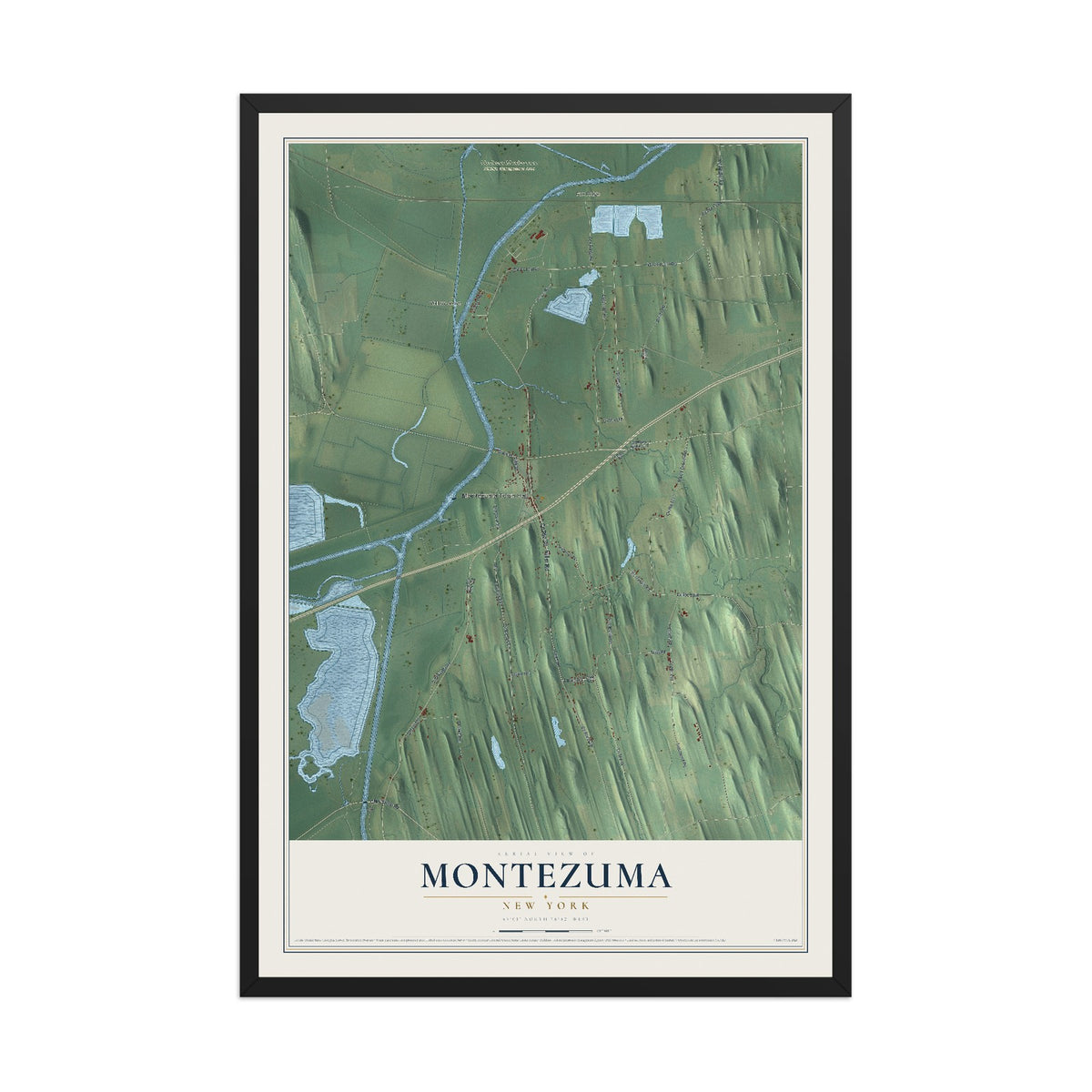 Montezuma, New York map print, 12" x 18" W/ Black Ayous Wood Frame mockup