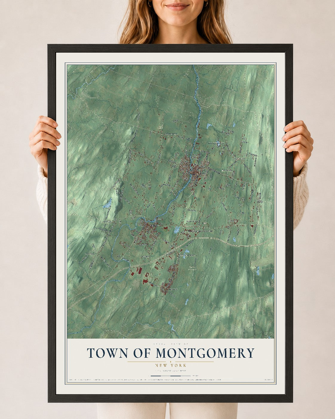 Montgomery, New York map print, 24" x 36" W/ Black Ayous Wood Frame mockup
