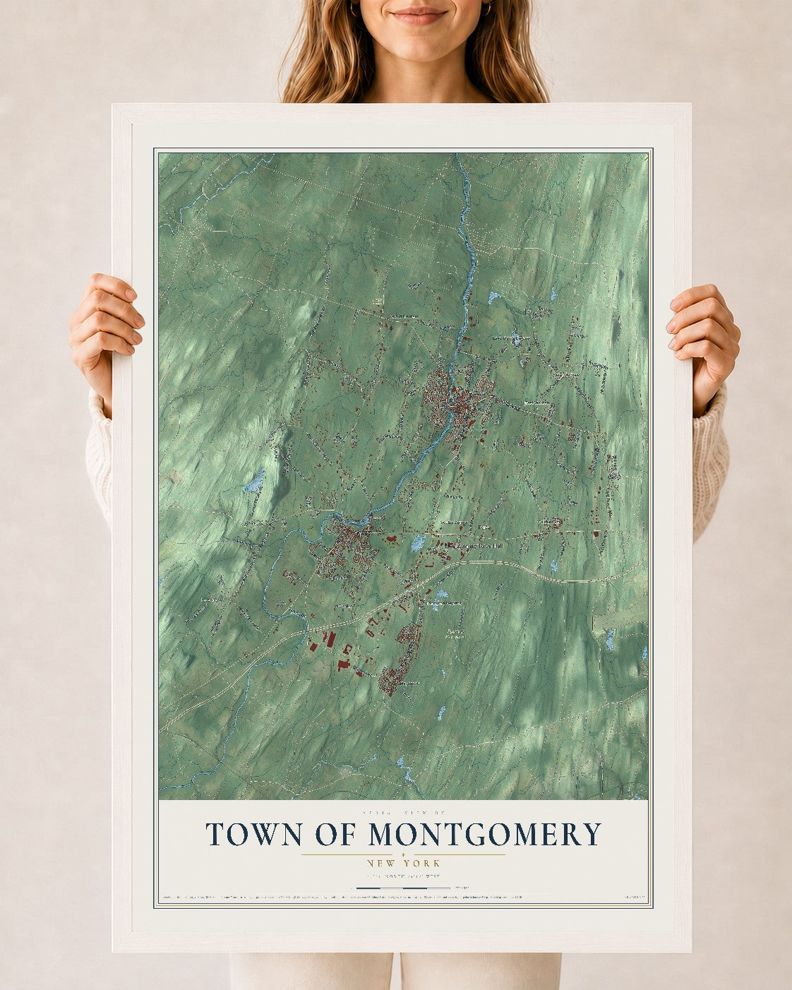 Montgomery, New York map print, 24" x 36" W/ White Ayous Wood Frame mockup