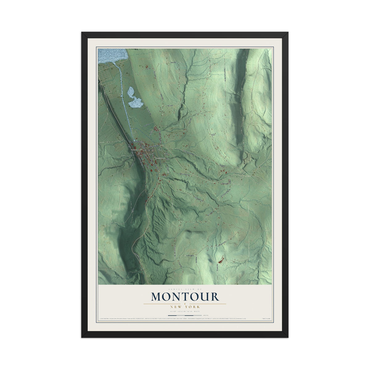 Montour, New York map print, 12" x 18" W/ Black Ayous Wood Frame mockup