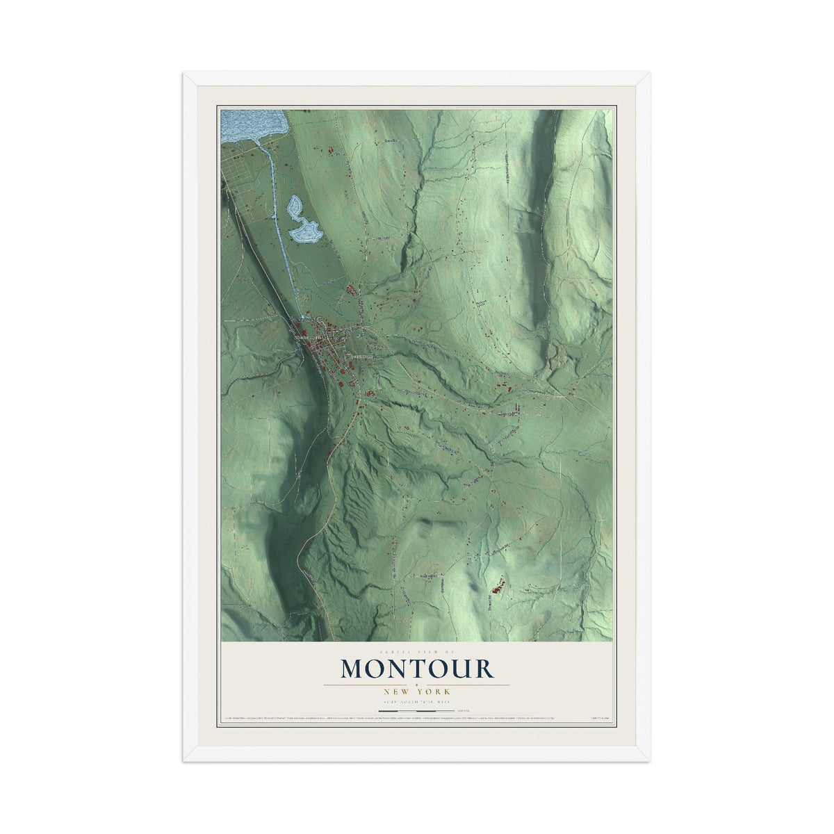 Montour, New York map print, 12" x 18" W/ White Ayous Wood Frame mockup