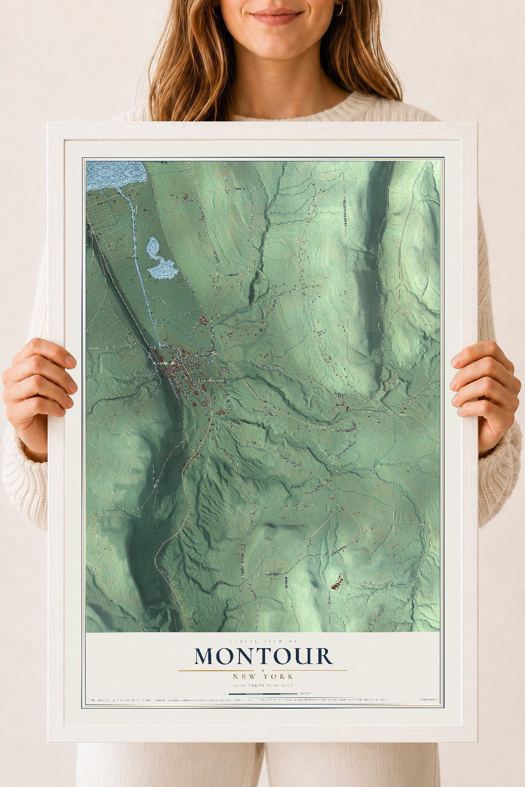Montour, New York map print, 18" x 24" W/ White Ayous Wood Frame mockup