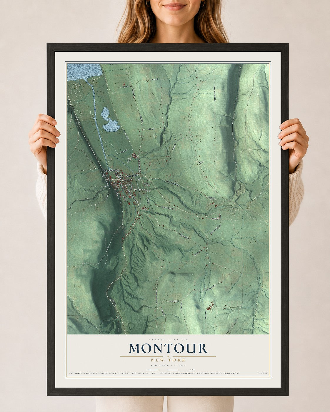 Montour, New York map print, 24" x 36" W/ Black Ayous Wood Frame mockup