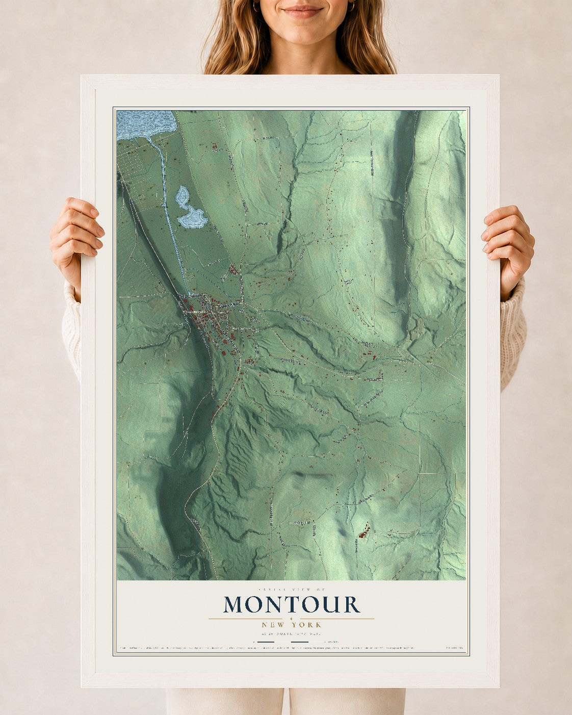 Montour, New York map print, 24" x 36" W/ White Ayous Wood Frame mockup