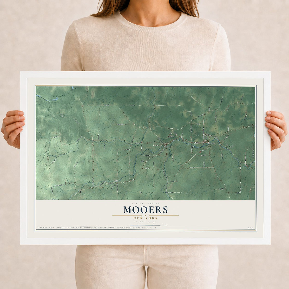 Map of Mooers, New York, 12 x 18 inch print in a white wood frame