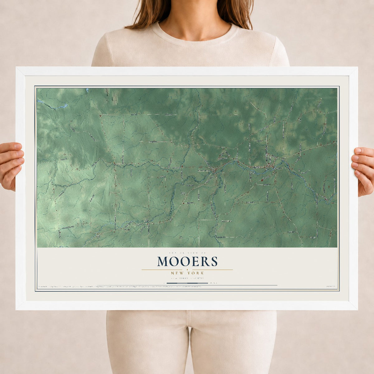 Map of Mooers, New York, 18 x 24 inch print in a white wood frame