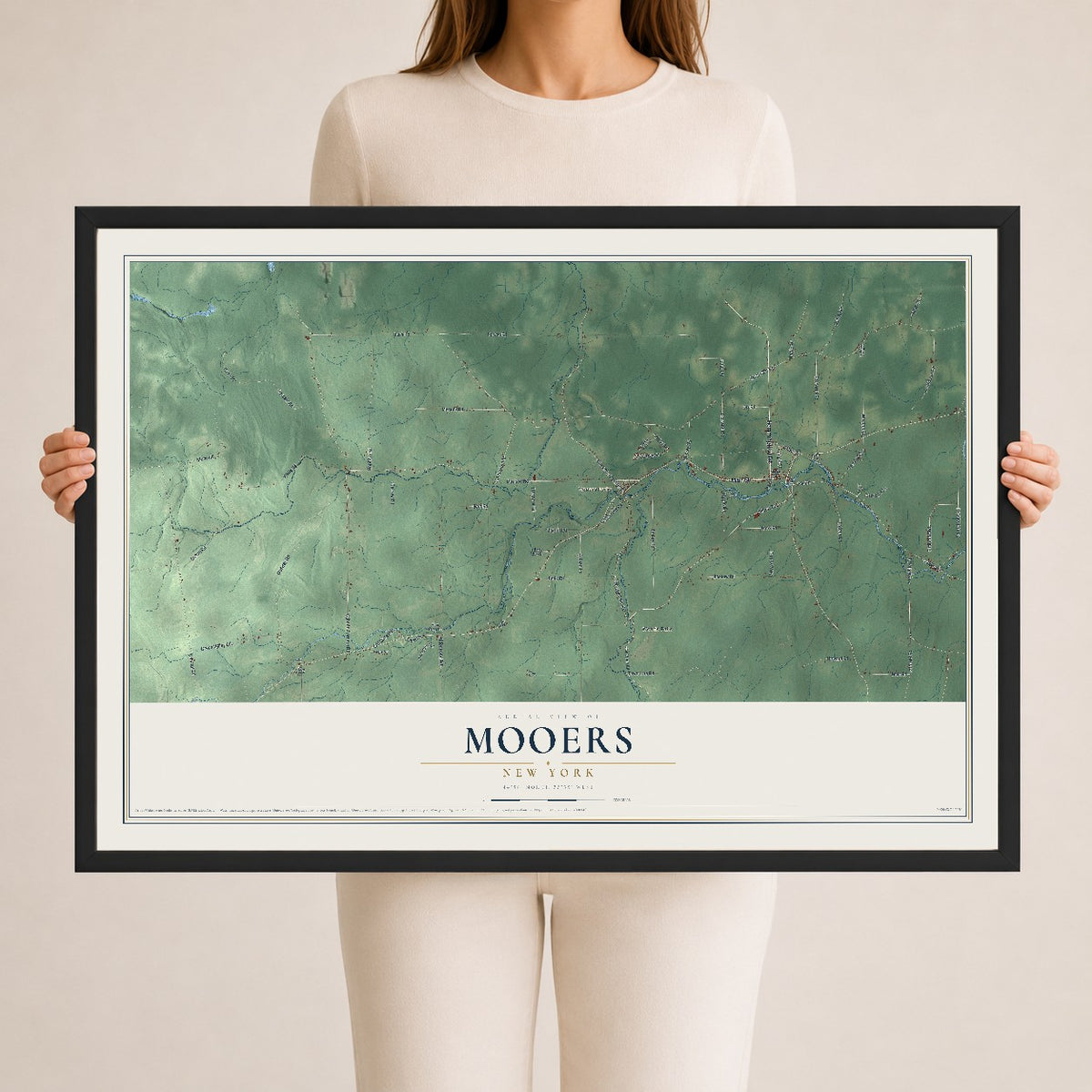 Map of Mooers, New York, 24 x 36 inch print in a black wood frame